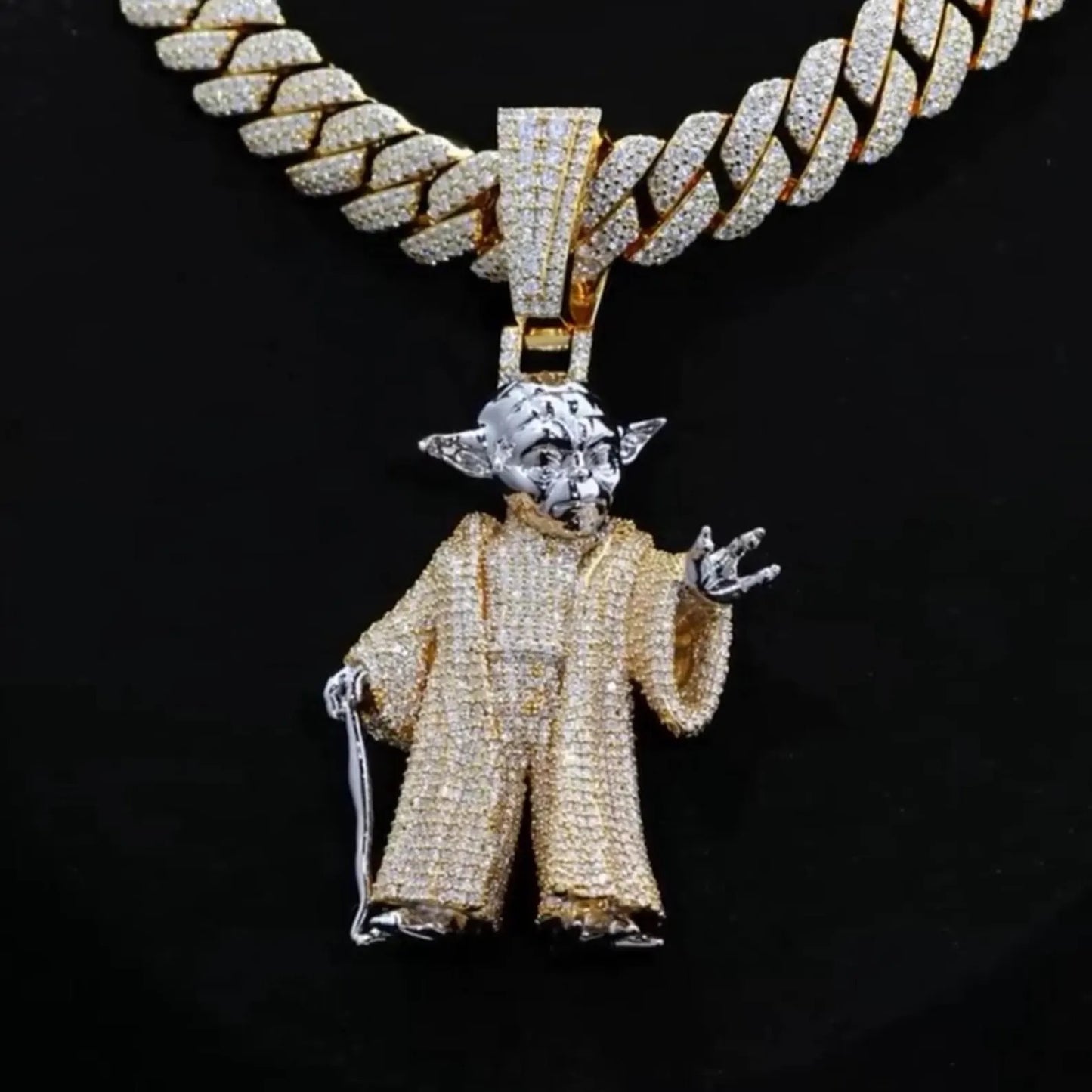 Custom 925 Sterling Silver VVS Moissanite Yoda Pendant + 18 inch Chain