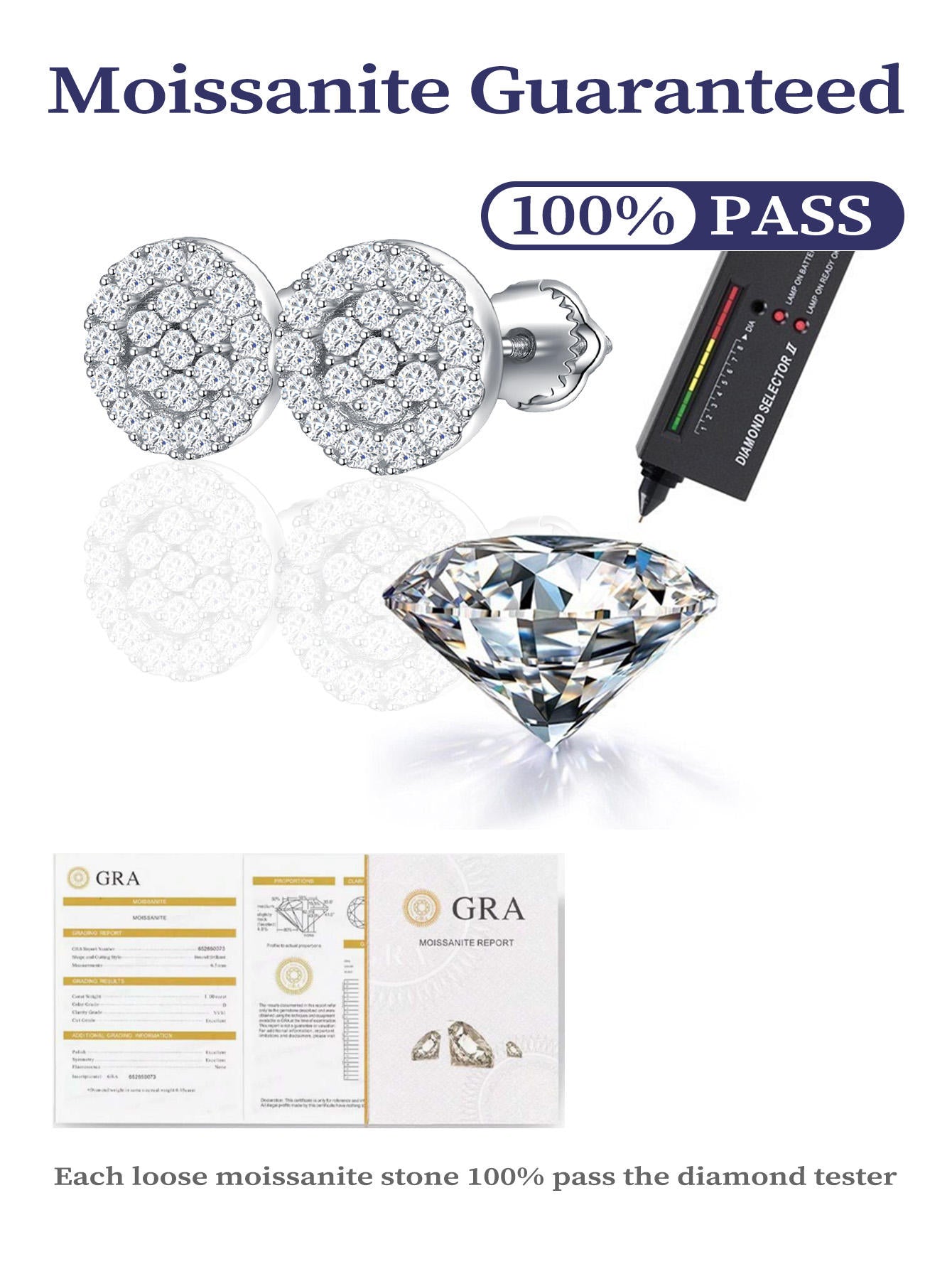 Iced Out VVS Moissanite Luxury Men's 925 Silver 6.5mm Stud Earrings