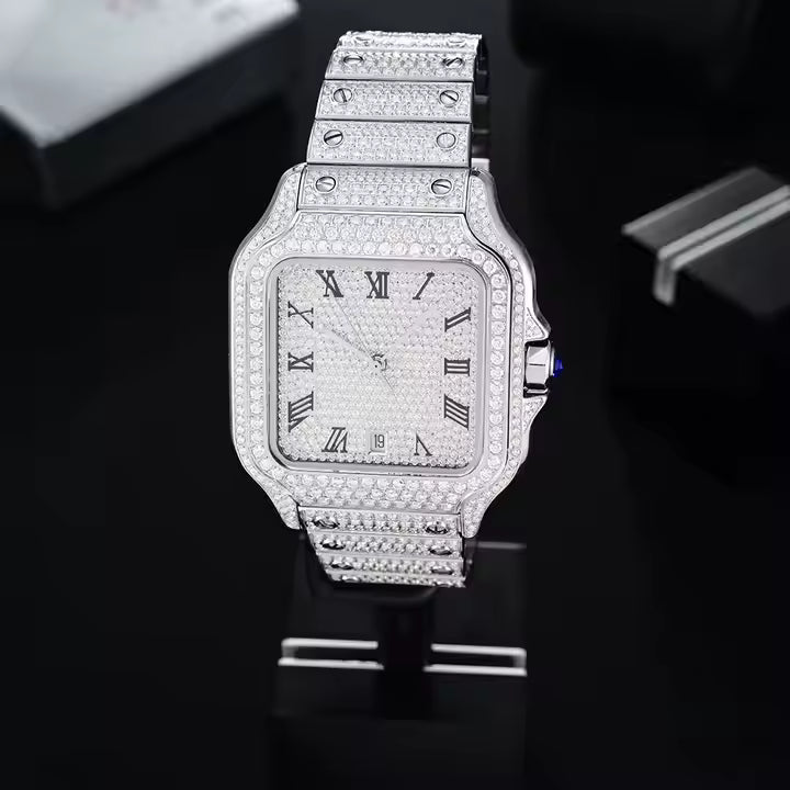 Bust Down Automatic Iced Out VVS Moissanite 925 Silver Square Watch