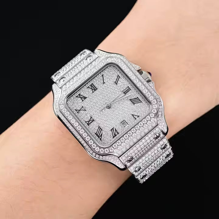 Bust Down Automatic Iced Out VVS Moissanite 925 Silver Square Watch