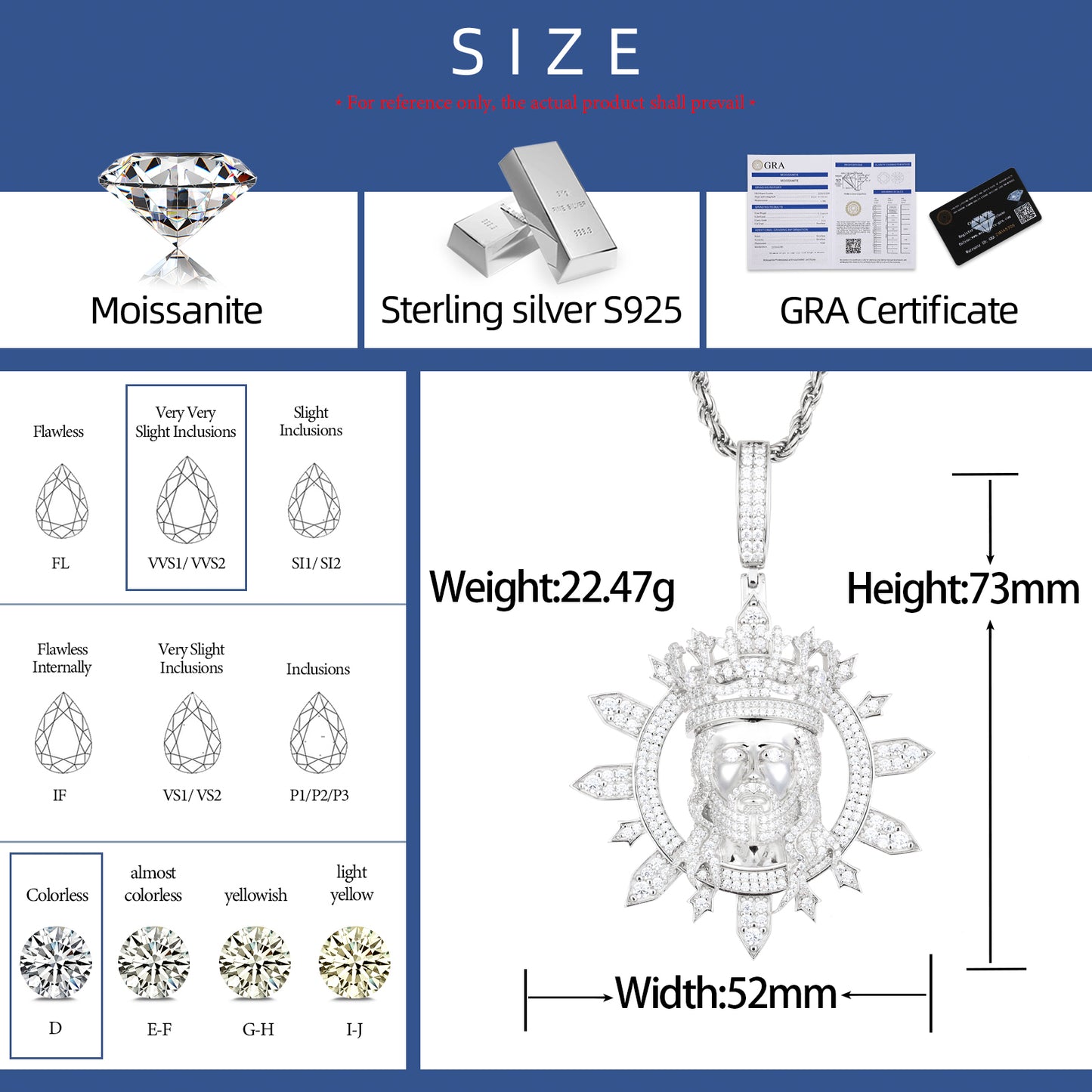 VVS Moissanite 925 Silver Jesus Pendant Only for Men 73mm by 52mm