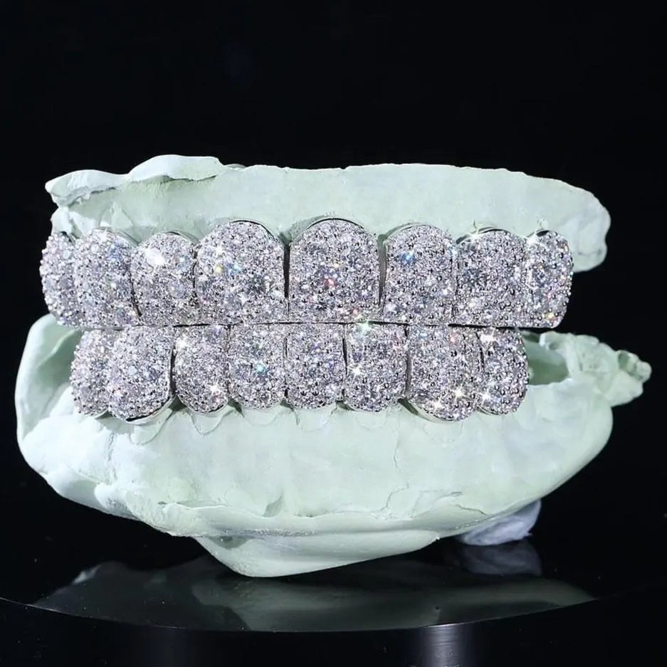 Custom VVS Moissanite 925 Sterling Silver Mosaic Set Grills for Teeth 8 on 8