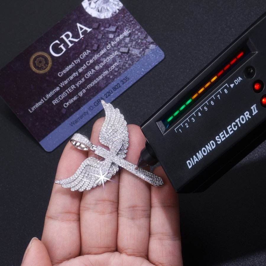 VSS Moissanite 925 Silver Angel Wing 53mm by 50mm Cross Pendant Only