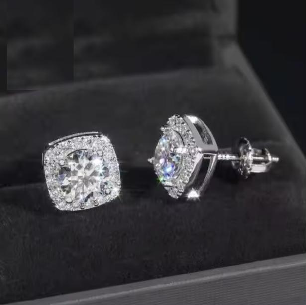 7.5mm Iced Out VVS Moissanite Earrings 925 Silver Stud Screw Backs