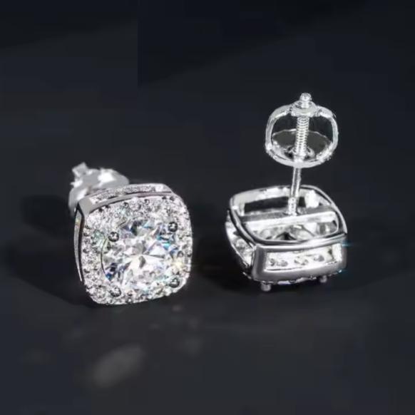 7.5mm Iced Out VVS Moissanite Earrings 925 Silver Stud Screw Backs