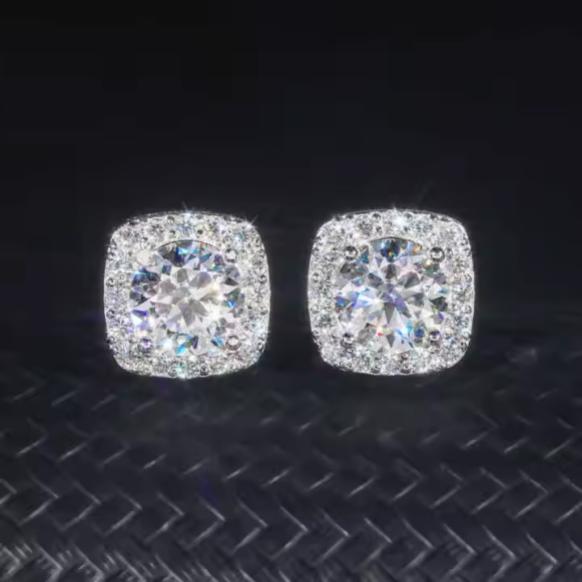 7.5mm Iced Out VVS Moissanite Earrings 925 Silver Stud Screw Backs