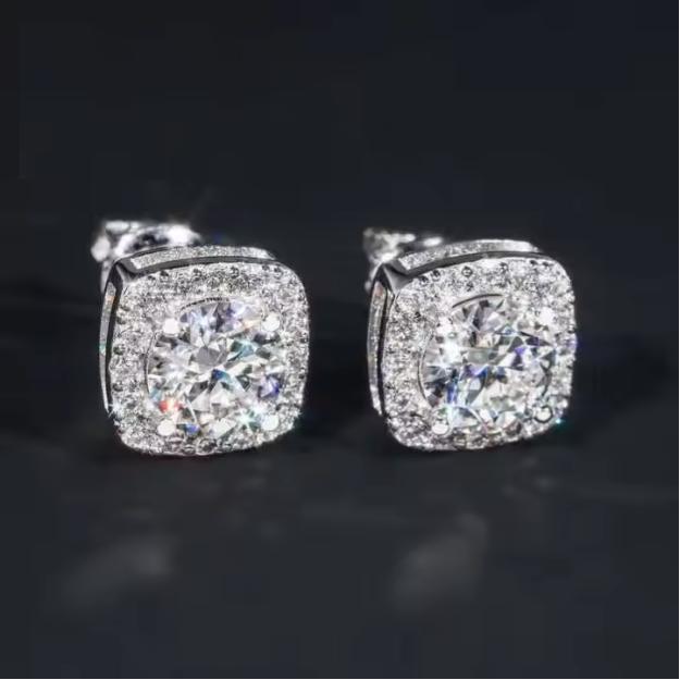 7.5mm Iced Out VVS Moissanite Earrings 925 Silver Stud Screw Backs