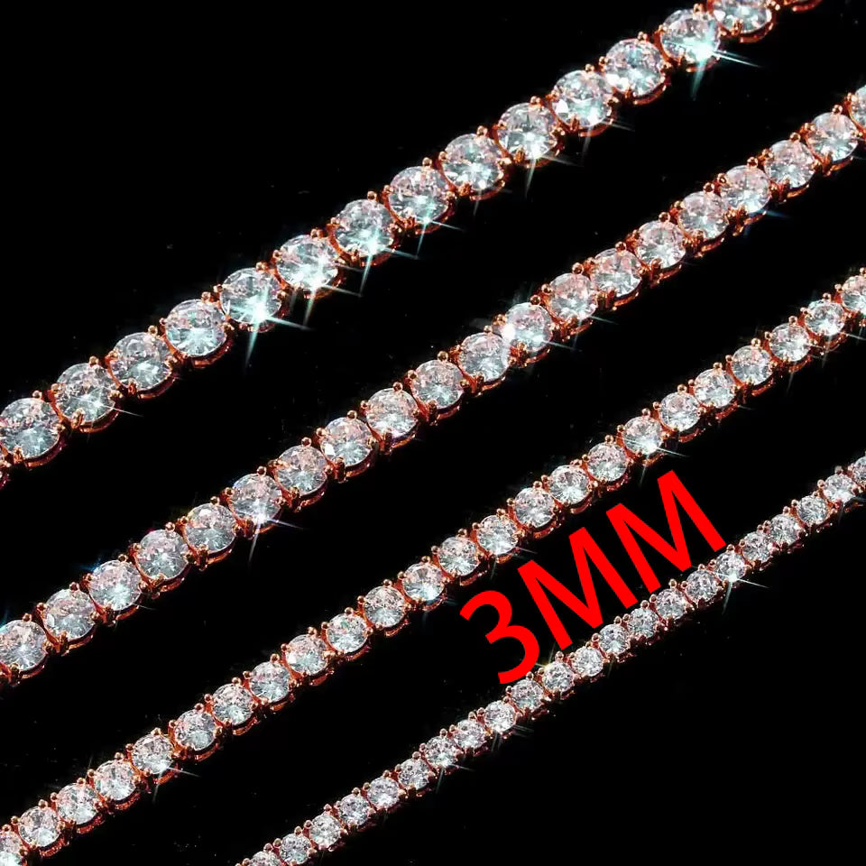 Rose, Gold, Silver - VVS Moissanite Men's 925 Silver Tennis Chain 2mm 3mm 4mm 5mm