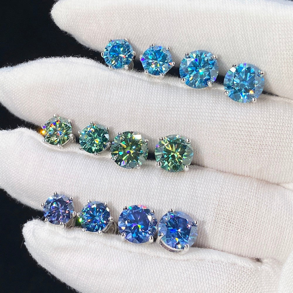 8mm 2CT VVS Moissanite Earring 4 Claws Yellow Blue Black Red Green Rainbow Color 925 Silver Earrings Men's Stud Earrings