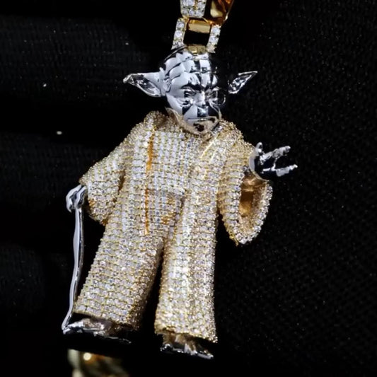 Custom 925 Sterling Silver VVS Moissanite Yoda Pendant + 18 inch Chain