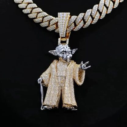 Custom 925 Sterling Silver VVS Moissanite Yoda Pendant + 18 inch Chain