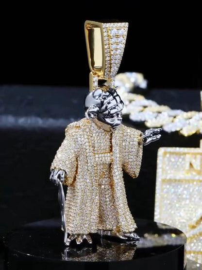 Custom 925 Sterling Silver VVS Moissanite Yoda Pendant + 18 inch Chain