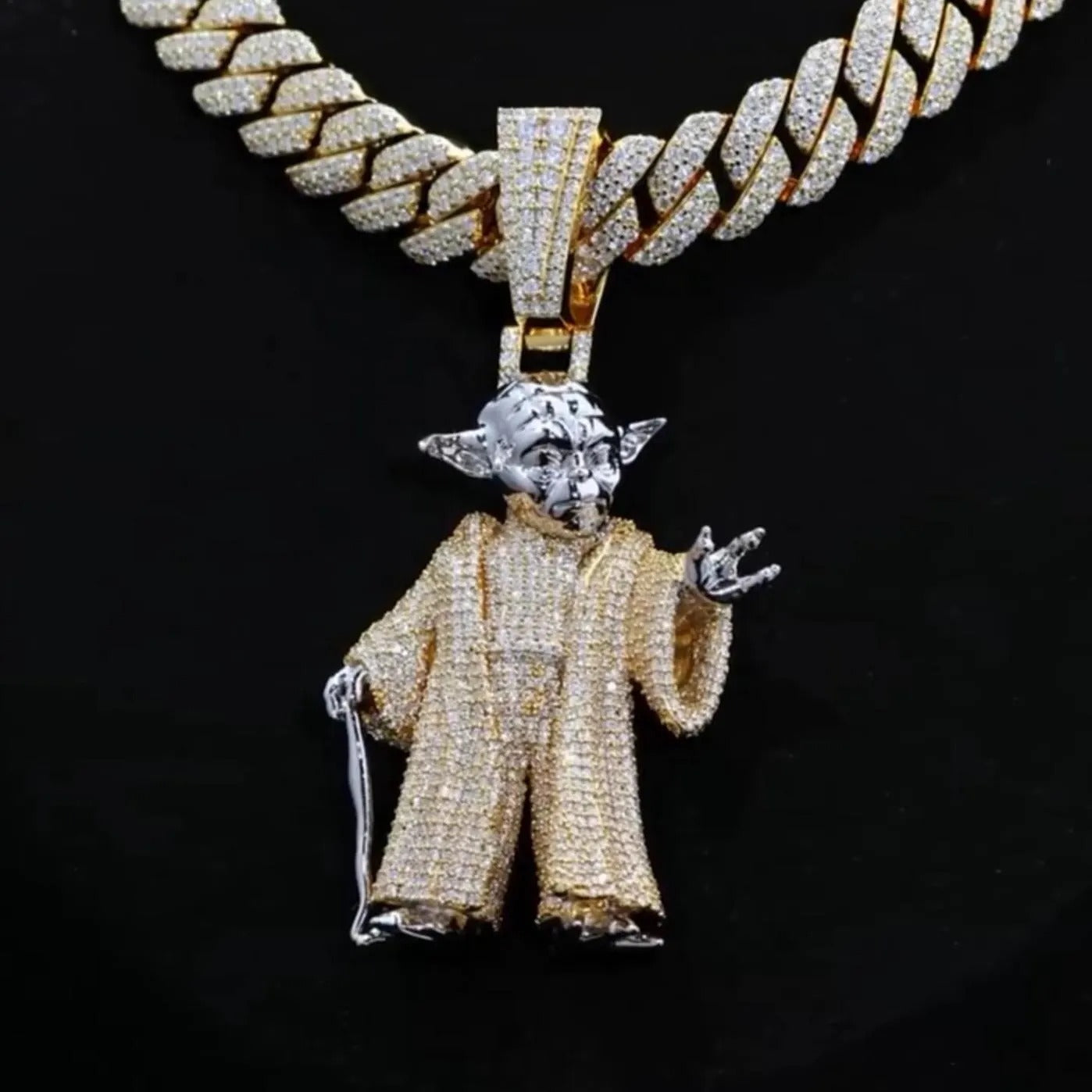 Custom 925 Sterling Silver VVS Moissanite Yoda Pendant + 18 inch Chain