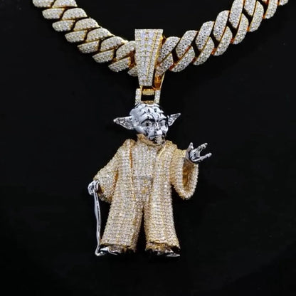 Custom 925 Sterling Silver VVS Moissanite Yoda Pendant + 18 inch Chain