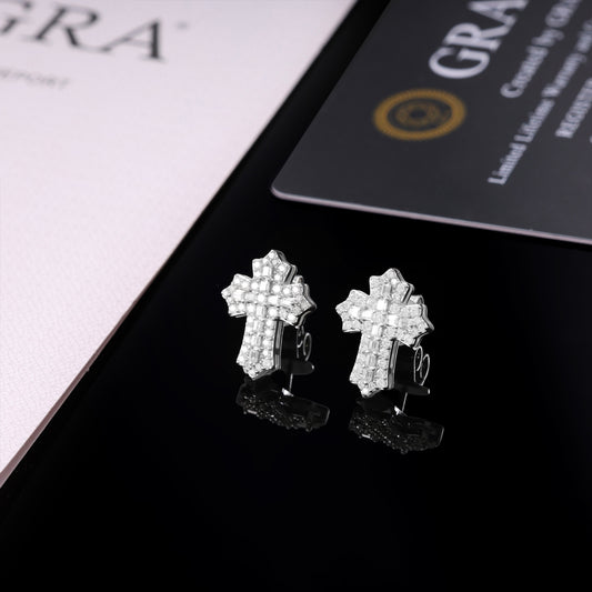 VVS Moissanite 1.5cm by 1.1cm Baguette Cross Earrings With 925 Silver Backings