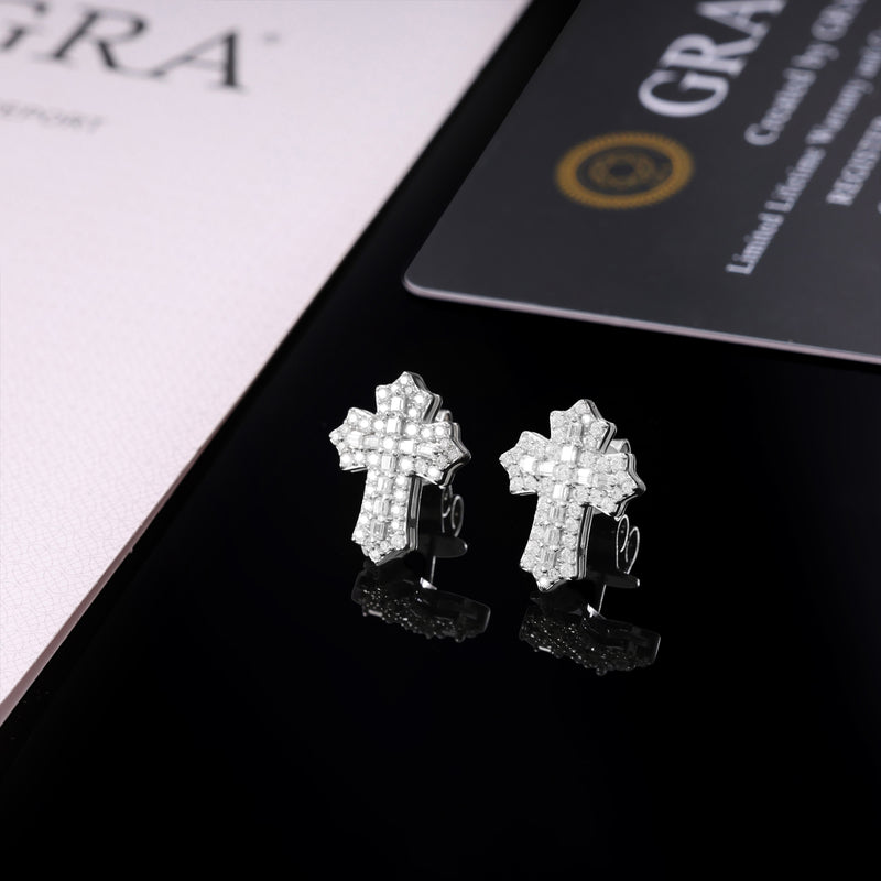 VVS Moissanite 1.5cm by 1.1cm Baguette Cross Earrings With 925 Silver Backings