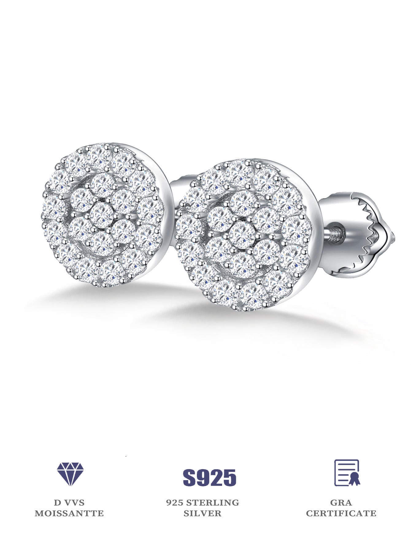 Iced Out VVS Moissanite Luxury Men's 925 Silver 6.5mm Stud Earrings