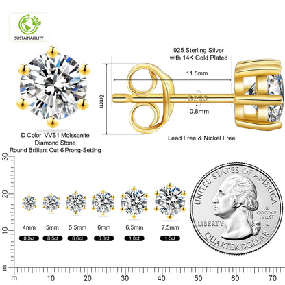 VVS Moissanite Fully Customizable Men's Stud 925 Silver Earrings 4MM-7.5MM