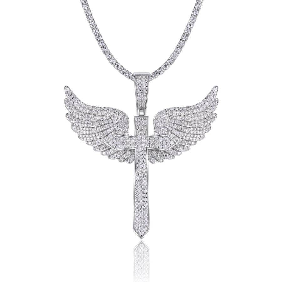 VSS Moissanite 925 Silver Angel Wing 53mm by 50mm Cross Pendant Only