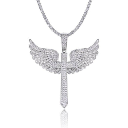 VSS Moissanite 925 Silver Angel Wing 53mm by 50mm Cross Pendant Only