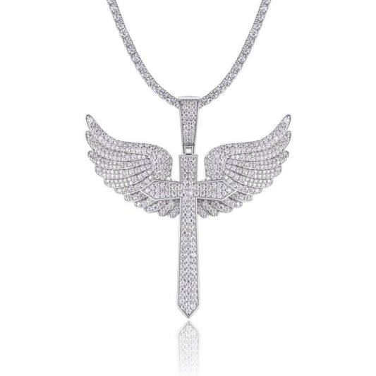 VSS Moissanite 925 Silver Angel Wing 53mm by 50mm Cross Pendant Only
