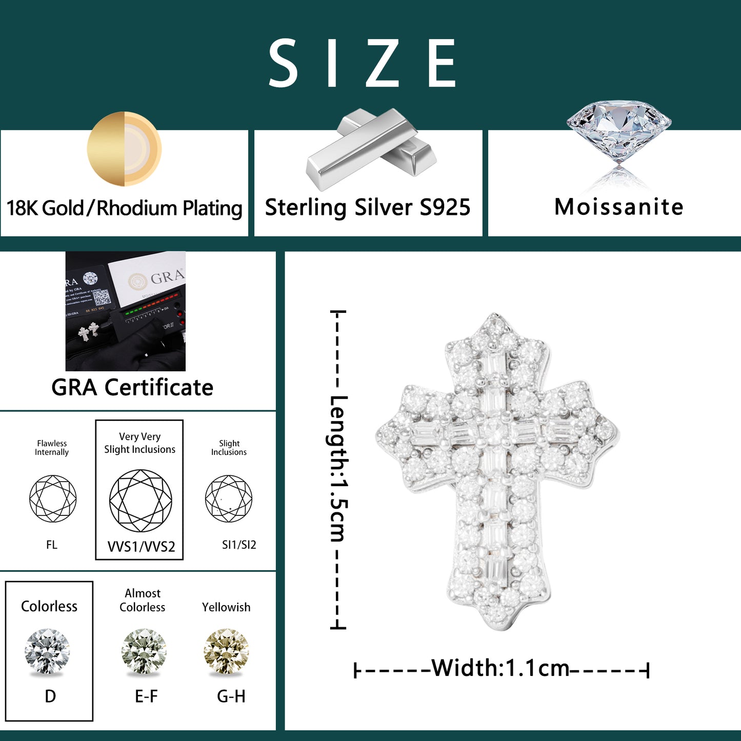 VVS Moissanite 1.5cm by 1.1cm Baguette Cross Earrings With 925 Silver Backings