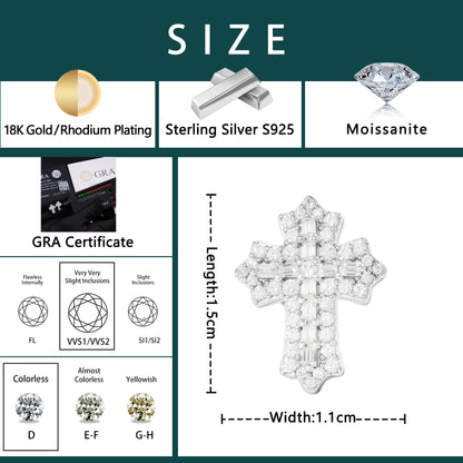 VVS Moissanite 1.5cm by 1.1cm Baguette Cross Earrings With 925 Silver Backings