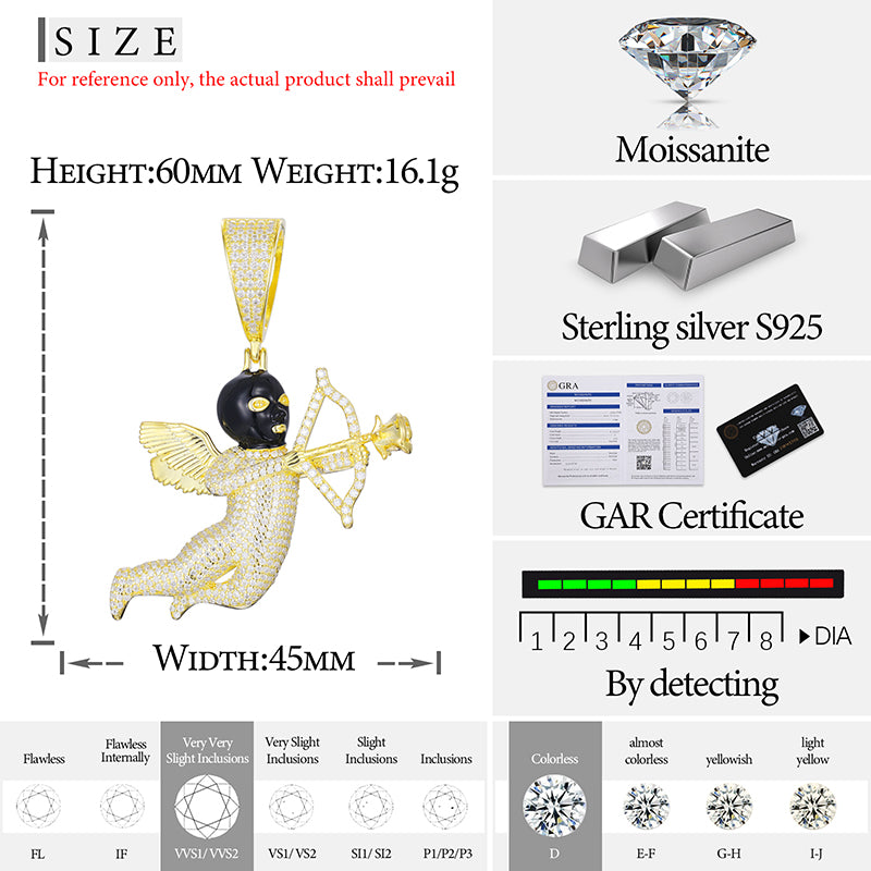 Iced Out VVS Moissanite Angel Cupid Black Masked Arrow of Eros 925 Silver Pendant Only
