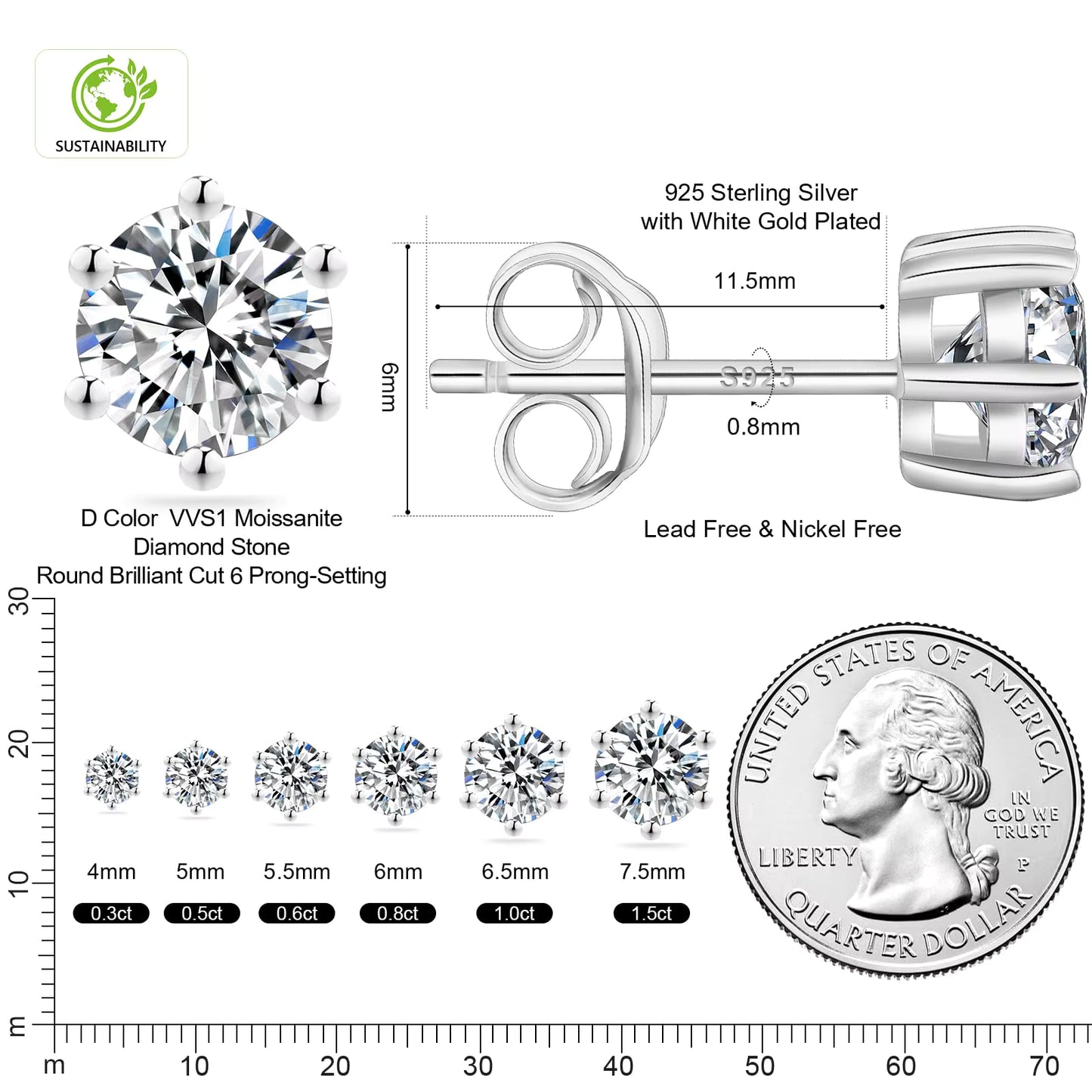 VVS Moissanite Fully Customizable Men's Stud 925 Silver Earrings 4MM-7.5MM