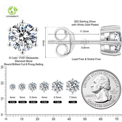 VVS Moissanite Fully Customizable Men's Stud 925 Silver Earrings 4MM-7.5MM