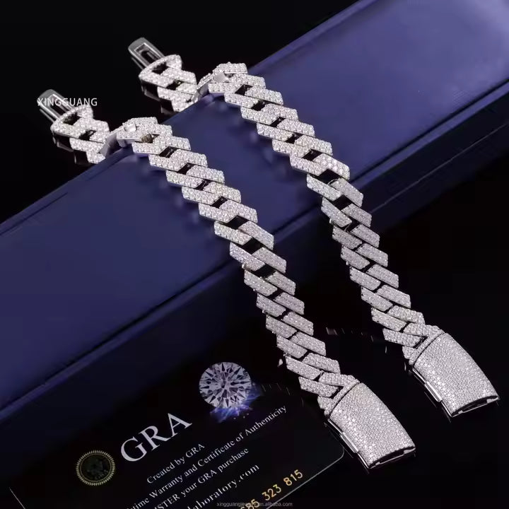 VVS Moissanite 2rows 14mm 925 Silver Bracelet Iced Out Diamond Cuban Link