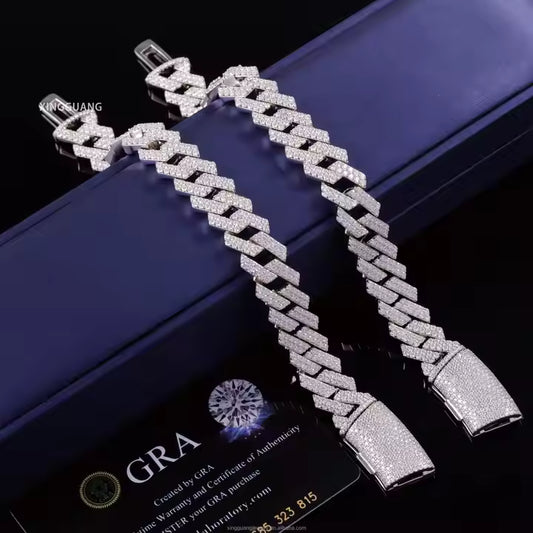 VVS Moissanite 2rows 14mm 925 Silver Bracelet Iced Out Diamond Cuban Link