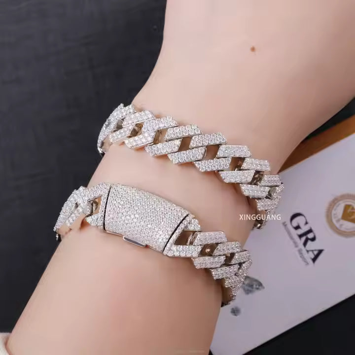 VVS Moissanite 2rows 14mm 925 Silver Bracelet Iced Out Diamond Cuban Link