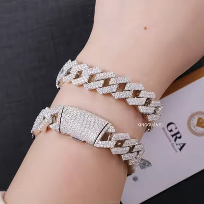 VVS Moissanite 2rows 14mm 925 Silver Bracelet Iced Out Diamond Cuban Link