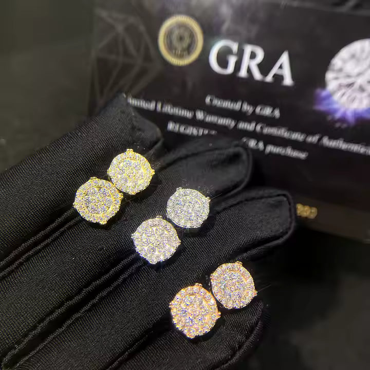 Iced Out Halo Cluster Earrings VVS Moissanite Stud 925 Silver Earring