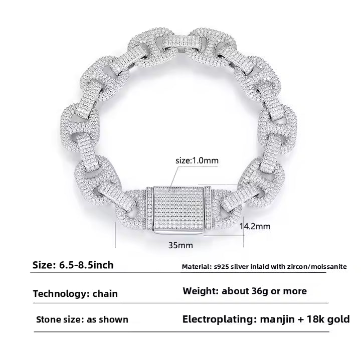 VVS Moissanite Jewelry 14mm Cuban Link 925 Silver Bracelet