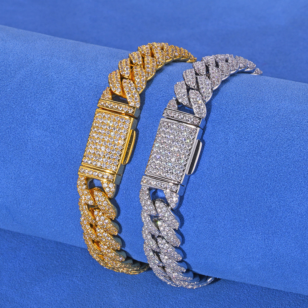 10mm Iced Out VVS Moissanite Cuban Link Chain Silver 925 Bracelet