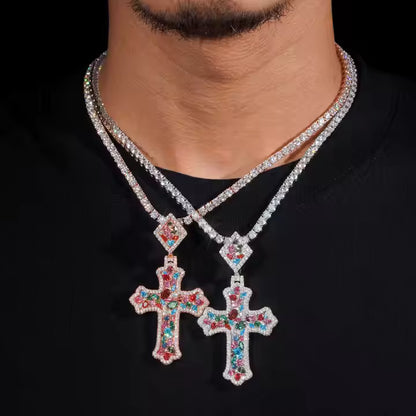 Iced Out Colorful VVS Moissanite Men's 925 Silver Cross Pendant Only