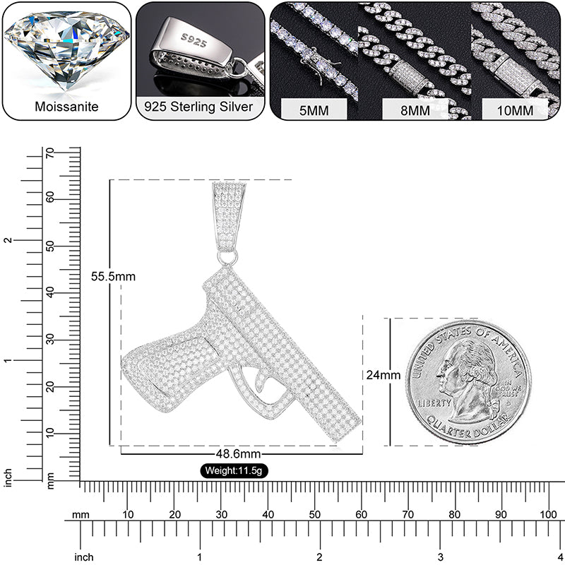 VVS Moissanite 925 Silver Iced Out Pistol Pendant Only
