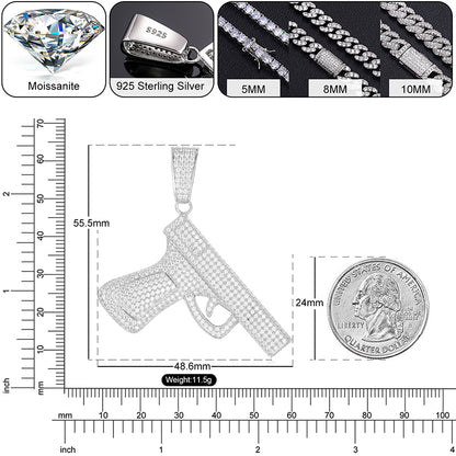 VVS Moissanite 925 Silver Iced Out Pistol Pendant Only