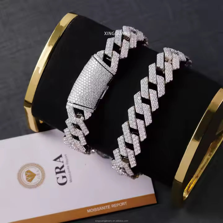 VVS Moissanite 2rows 14mm 925 Silver Bracelet Iced Out Diamond Cuban Link