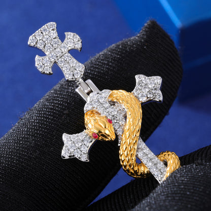 VVS Moissanite 925 Silver Two Tone Moses Cross Snake Staff Pendant Only