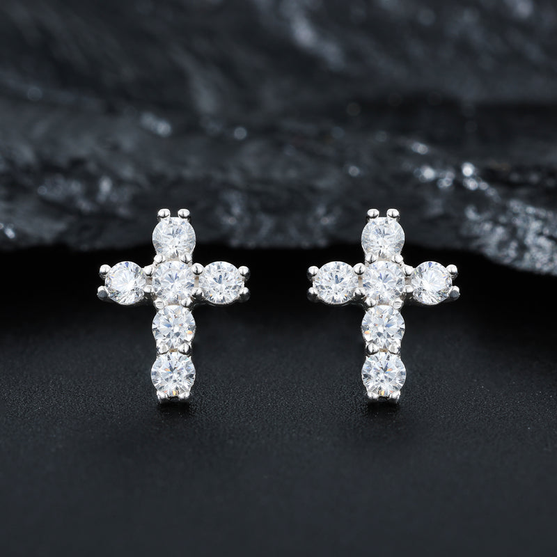 VVS Moissanite Iced Out Cross Stud 925 Silver Earrings