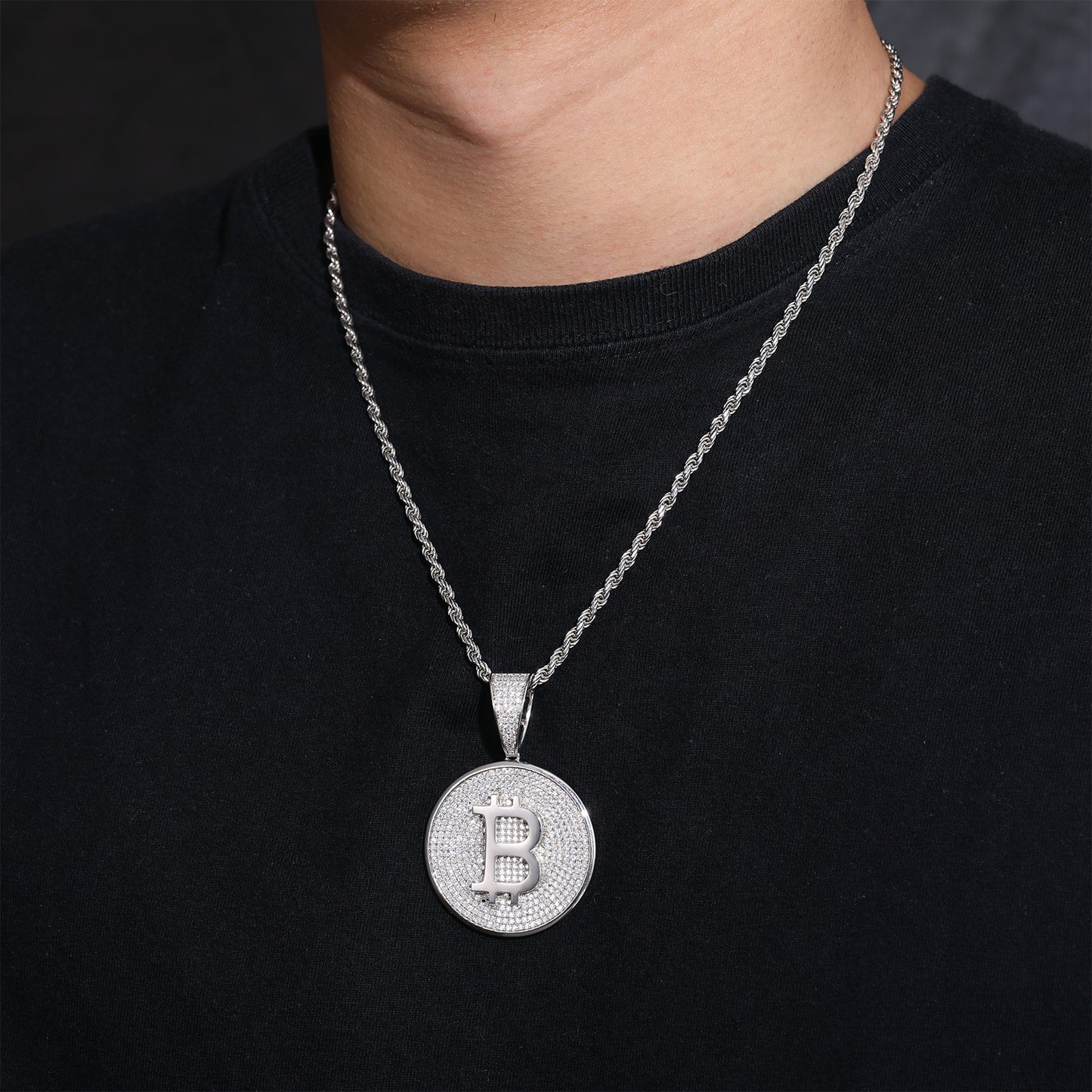 VVS Moissanite 925 Silver Bitcoin Pendant + 20 Inch Necklace for Men