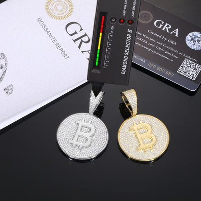 VVS Moissanite 925 Silver Bitcoin Pendant + 20 Inch Necklace for Men