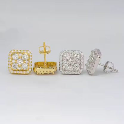 VVS Moissanite 10MM Gold Silver Square Stud Earrings for Men