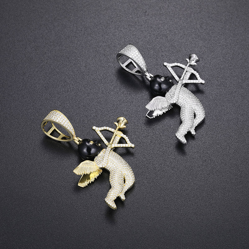 Iced Out VVS Moissanite Angel Cupid Black Masked Arrow of Eros 925 Silver Pendant Only