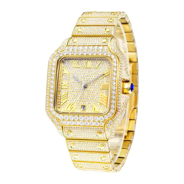 Iced Out VVS Moissanite Gold Square Watch for Man