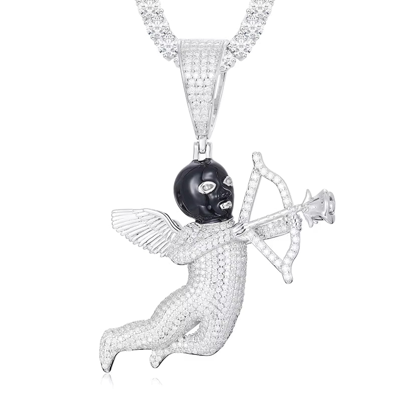 Iced Out VVS Moissanite Angel Cupid Black Masked Arrow of Eros 925 Silver Pendant Only