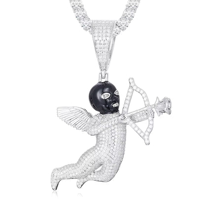 Iced Out VVS Moissanite Angel Cupid Black Masked Arrow of Eros 925 Silver Pendant Only
